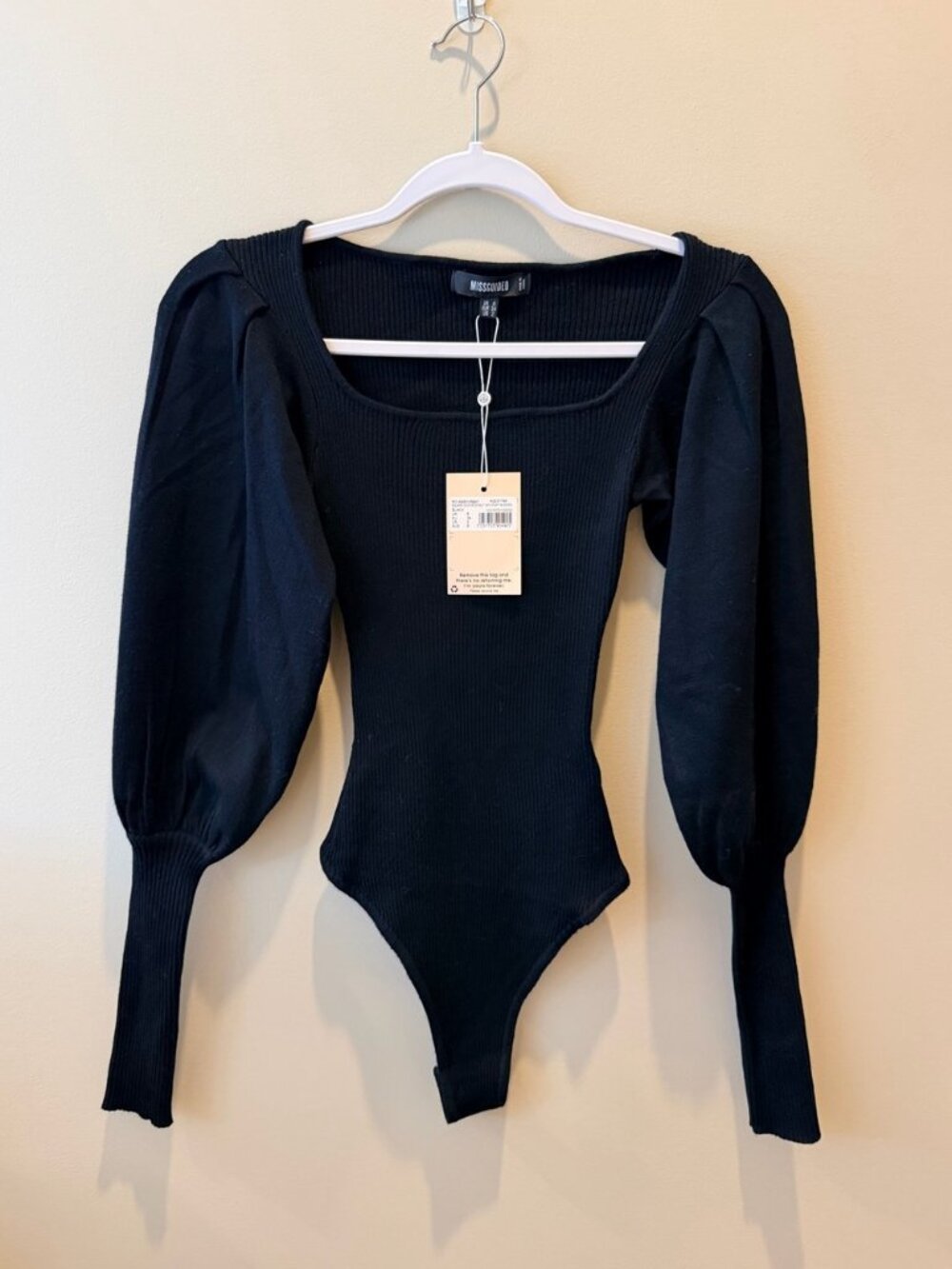 Missguided Black Square Neck Ribbed Bodysuit Puff Sleeves Size 2 NWT